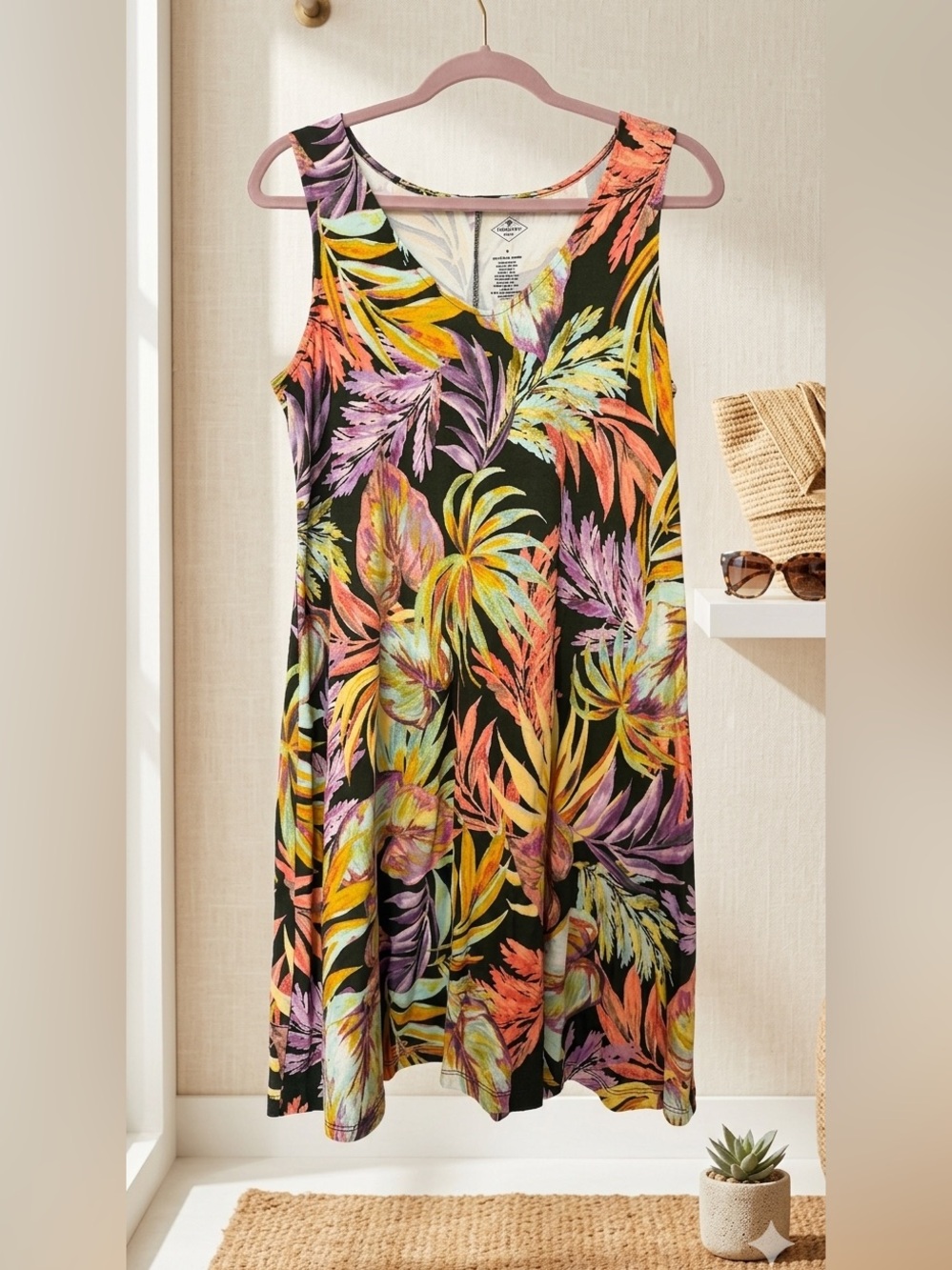 St. John's Bay Black Maxi Dress with Multicolor Tropical Leaf Print